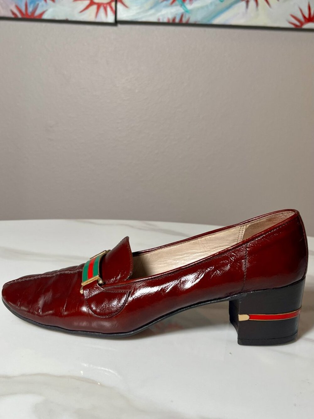 Gucci Oxblood Patent Leather Web Stripe Vintage Block Heel Loafers 39 AA - Picture 6 of 10